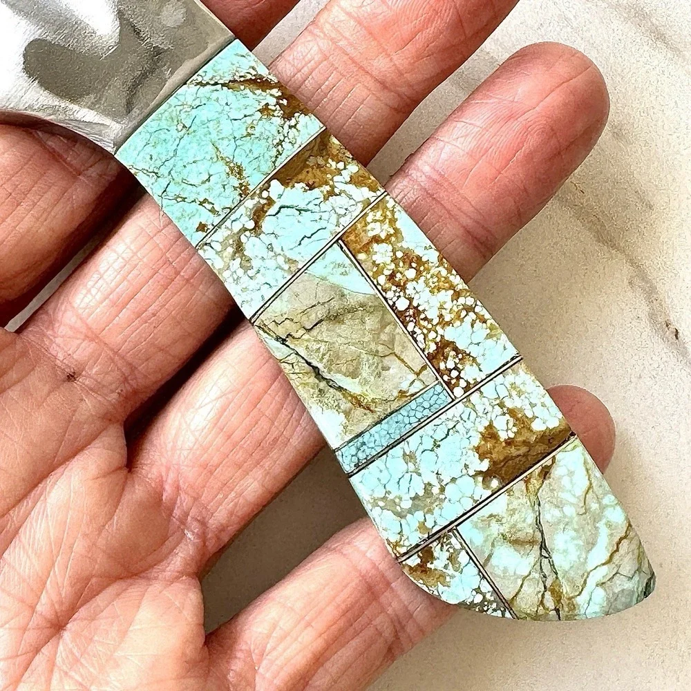 Native Amer Navajo Hunting Knife Number 8 Turquoise Francisco Drop Point Mosaic2